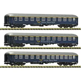 3x voitures de train express, Suisse Train Bleu ép. VI - N 1/160 - FLEISCHMANN 6260078
