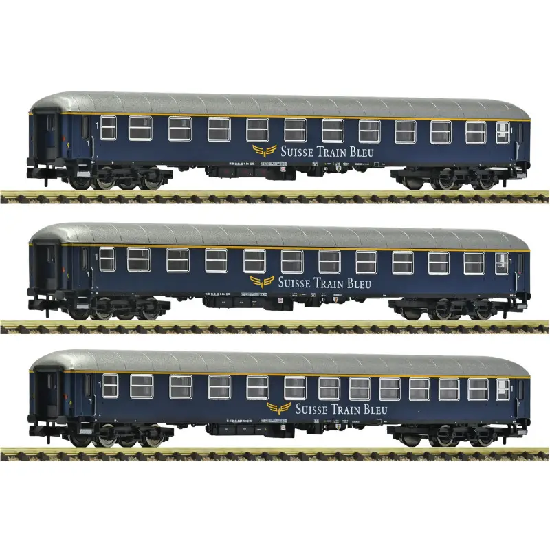 3x voitures de train express, Suisse Train Bleu ép. VI - N 1/160 - FLEISCHMANN 6260078