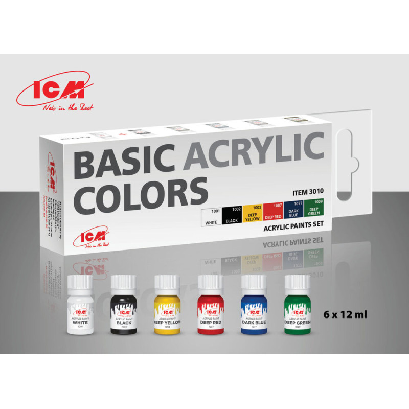 Set de peinture acrylique, couleurs acryliques de base, 6 x 12 ml - ICM 3010