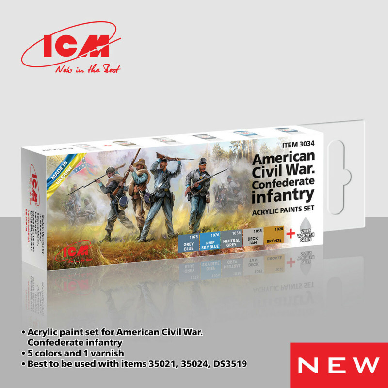 Set de peinture acrylique pour la guerre de Sécession américaine. Infanterie confédérée, 6 pots de 12 ml - ICM 3034