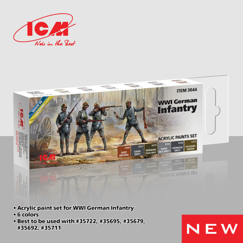 Coffret de peinture acrylique pour infanterie allemande WWI, 6 pots de 12 ml - ICM 3044
