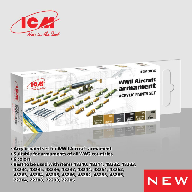 Set de peinture acrylique pour armement d'avions WWII, 6 x 12 ml - ICM 3036
