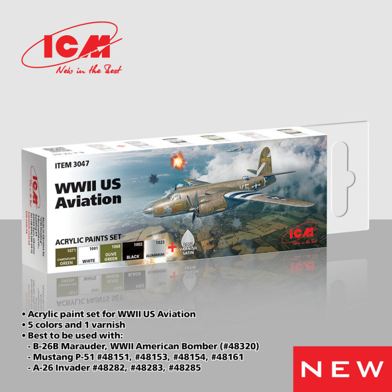 Set de peinture acrylique pour l'aviation américaine WWII, 6 x 12 ml - ICM 3047