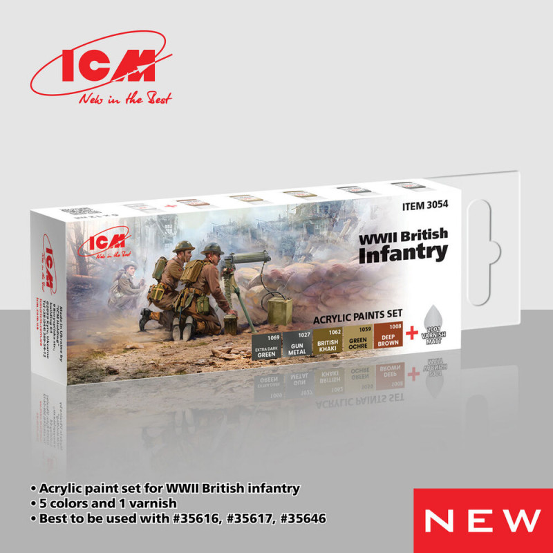 Set de peinture acrylique pour infanterie britannique WWII, 6 x 12 ml - ICM 3054