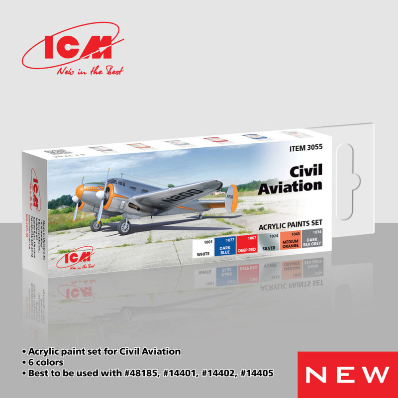 Set de peinture acrylique pour l'aviation civile 6 x 12 ml - ICM 3055