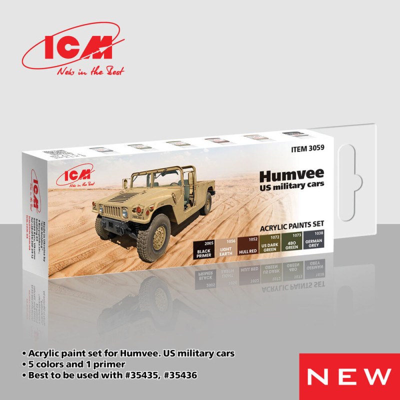 Set de peinture acrylique pour Humvee. Véhicules militaires américains, 6 x 12 ml - ICM 3059