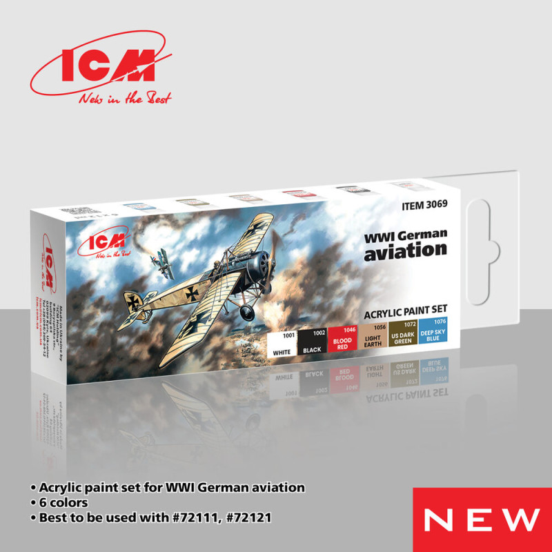 Set de peinture acrylique pour avions allemands WWI, 6 x 12 ml - ICM 3069
