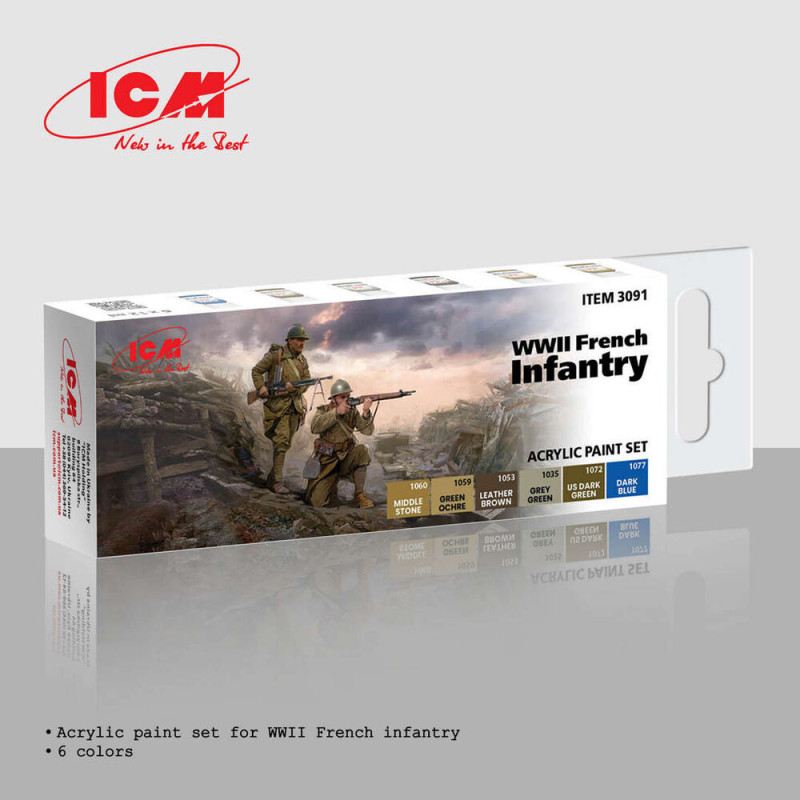 Set peinture acrylique Infanterie française WWII 6 x 12 ml - ICM 3091