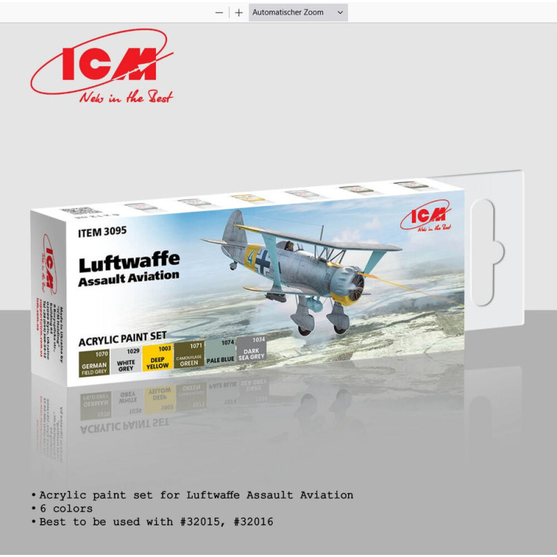 Set peinture acrylique Aviation d'assaut de la Luftwaffe 6 x 12 ml - ICM 3095