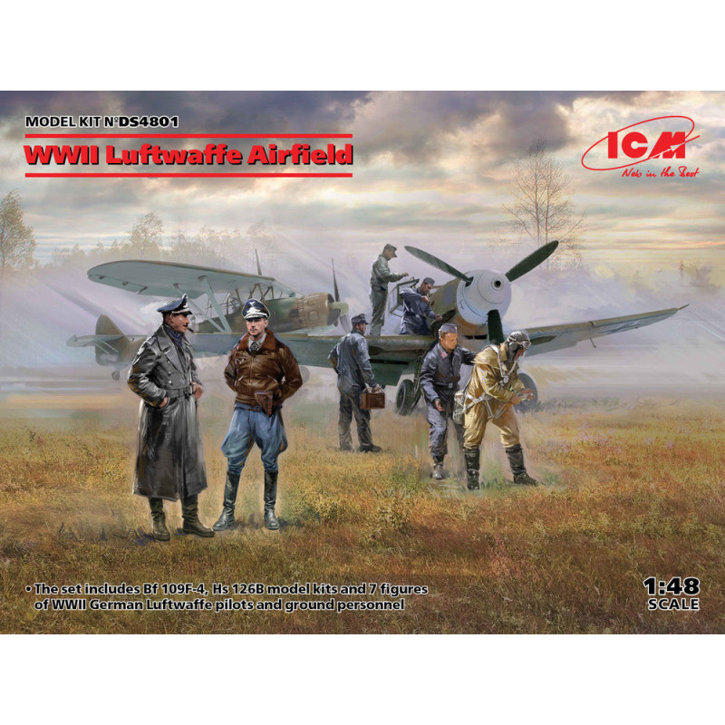 Aérodrome de la Luftwaffe Messerschmitt Bf 109F-4, Henschel Hs-126 B-1 WWII 7 figurines - 1/48 - ICM DS4801)