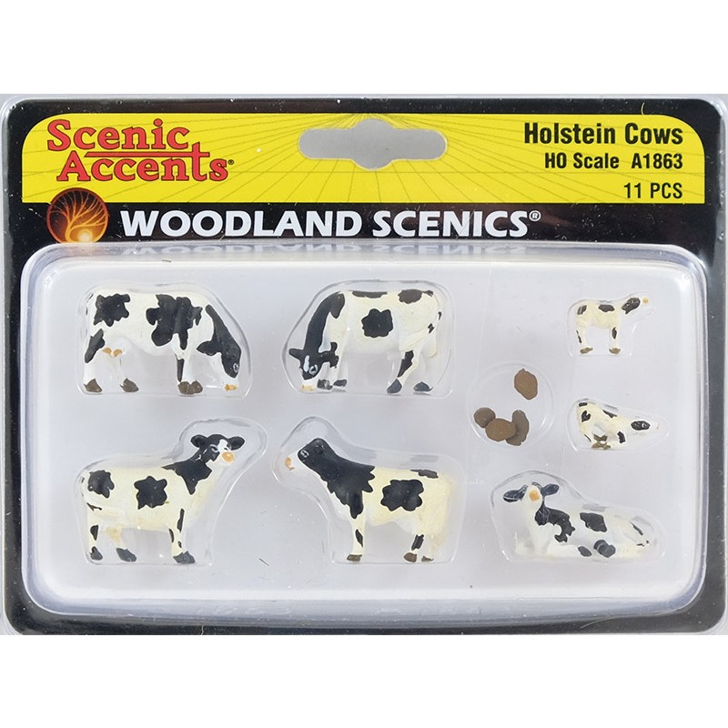 WOODLAND SCENICS A1863 - Vaches blanches et noires, veaux et bouses - HO 1/87