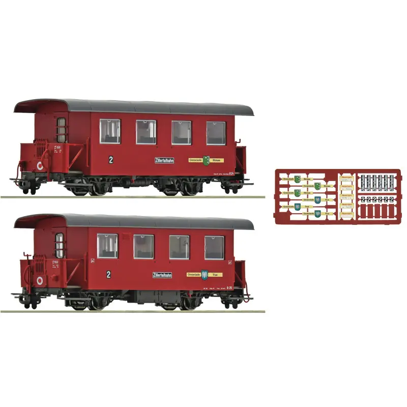 2x Voitures de voyageurs à voie étroite, Zillertalbahn, OBB, ép. VI - HOe 1/87 - ROCO 6240003