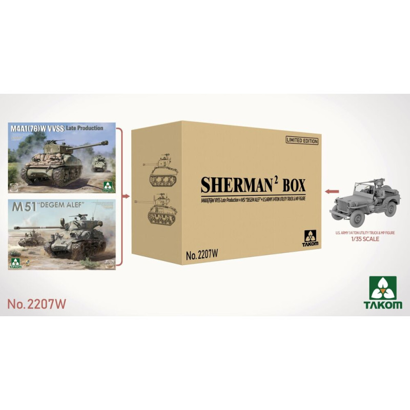 Coffret Sherman² : M4A1(76)W VVSS + M51 Degem Alef + Jeep - 1/35 - TAKOM 2207W