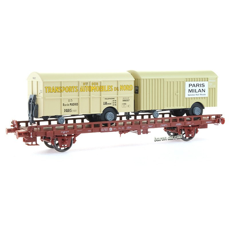 Wagon UFR Biporteur autos du NORD + PARIS-MILAN ép IV - HO 1/87 - REE WB-643