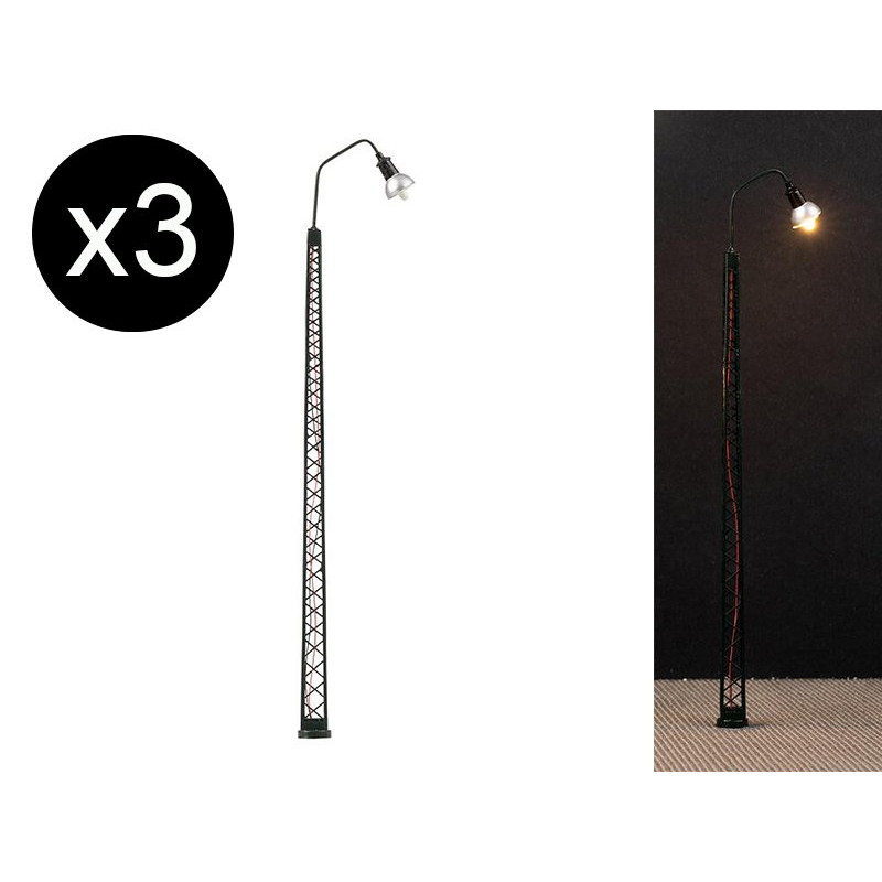 3x Lampadaire LED haut sur mât treillis - HO 1/87 - FALLER 180109