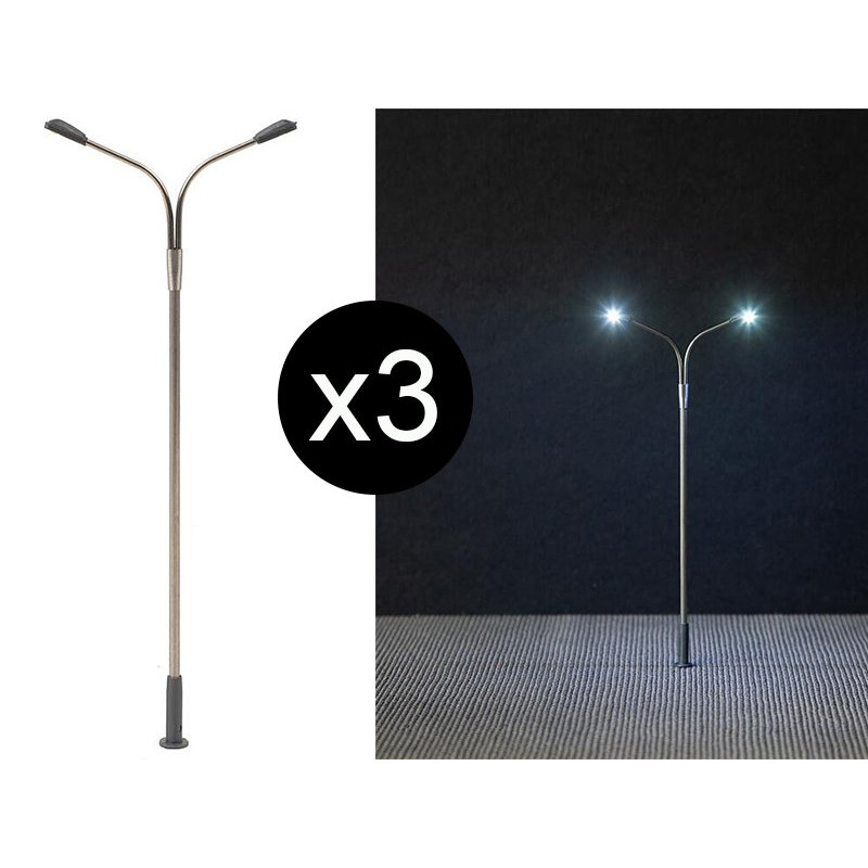 3x Lampadaire moderne double à LED - HO 1/87 - FALLER 180101