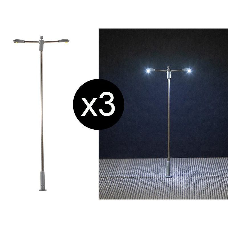 3x Lampadaire double moderne à LED - HO 1/87 - FALLER 180103