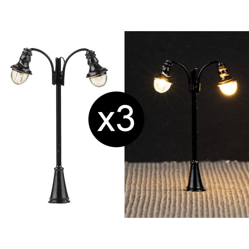 3x Lampadaire double globe LED - N 1/160 - FALLER 272126