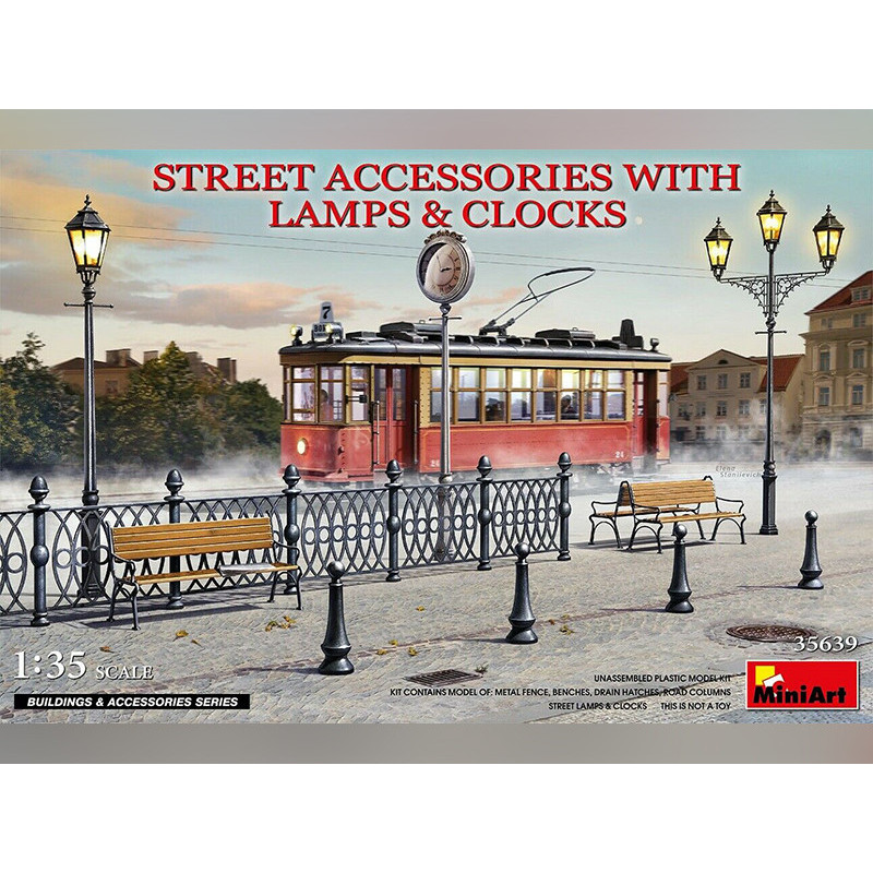 Accessoires de rue, lampadaires, bancs, barrières, horloge - échelle 1/35 - MINIART 35639