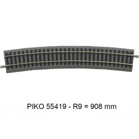 Rail courbe R9 908 mm 15° - voie A avec ballast - PIKO 55419