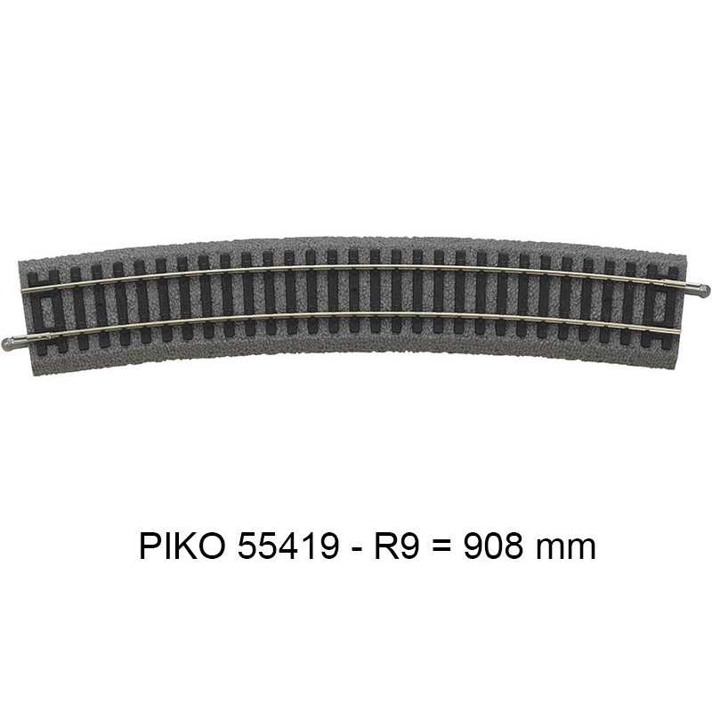 Rail courbe R9 908 mm 15° - voie A avec ballast - PIKO 55419