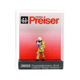 Pompier uniforme beige secourant un enfant - HO 1/87 - PREISER 28252