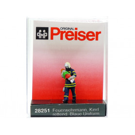 Pompier uniforme bleu secourant un enfant - HO 1/87 - PREISER 28251