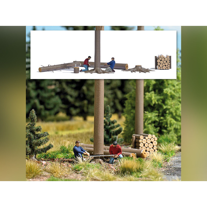 Scène bucherons coupant un arbre - HO 1/87 - BUSCH 7973