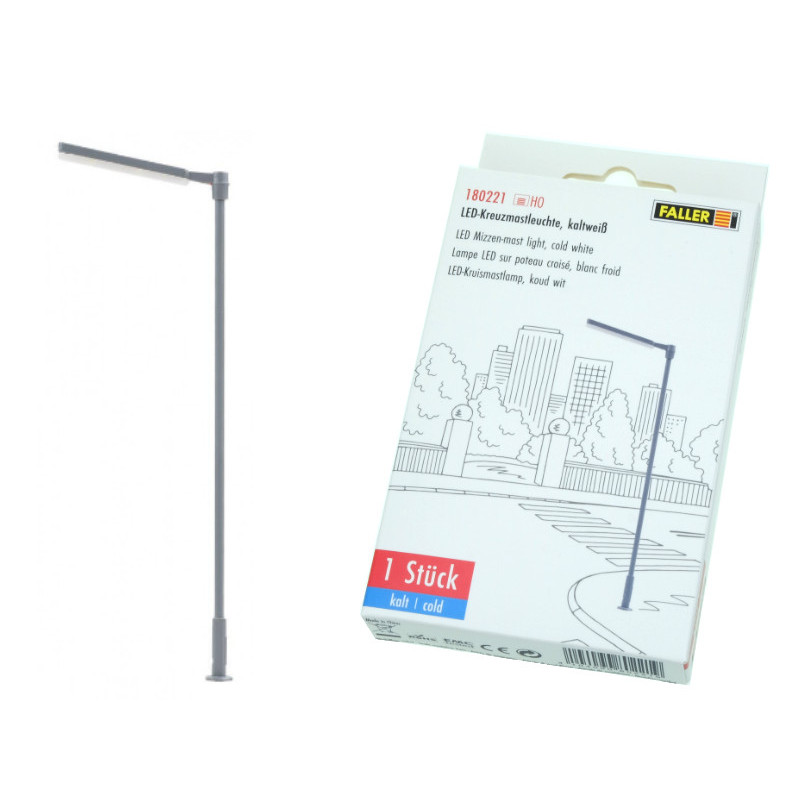 1x lampadaire moderne en croix LED, blanc froid - HO 1/87 - FALLER 180221