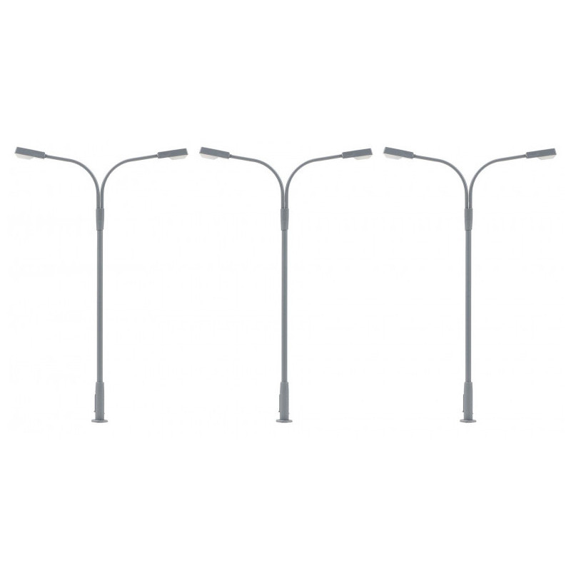 3x lampadaire double moderne LED, blanc froid - HO 1/87 - FALLER 180120