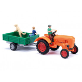 Tracteur Allgaier A 111 L avec remorque et figurines - HO 1/87 - BUSCH 50052