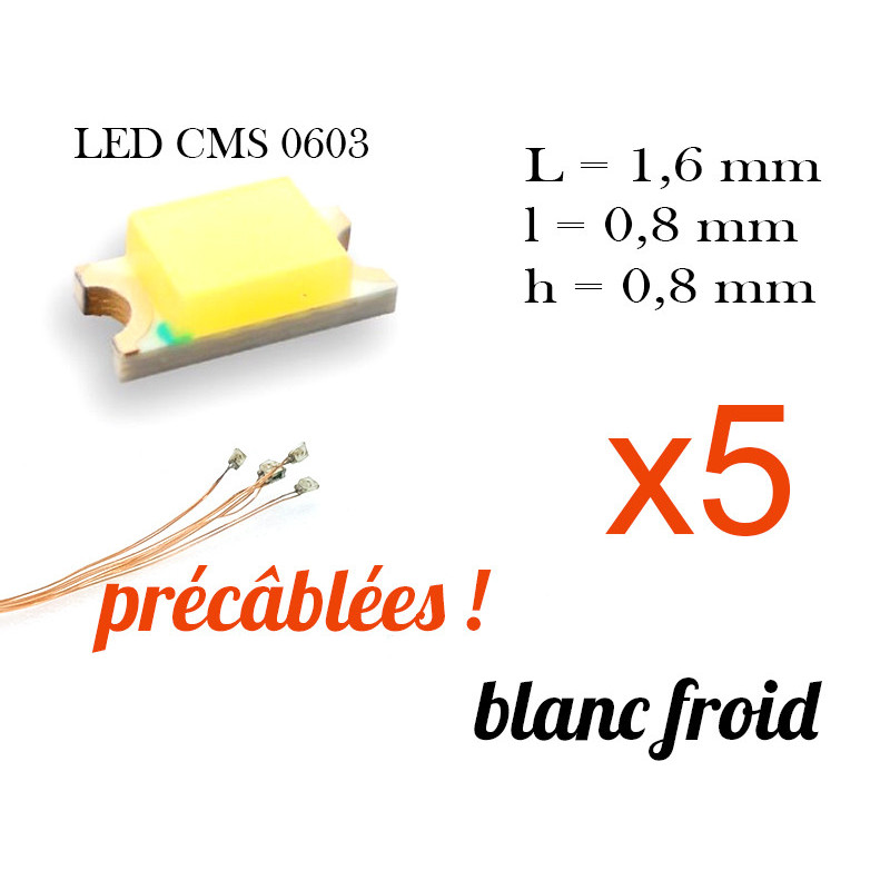 5x LED CMS 0603 précâblées - couleur blanc froid
