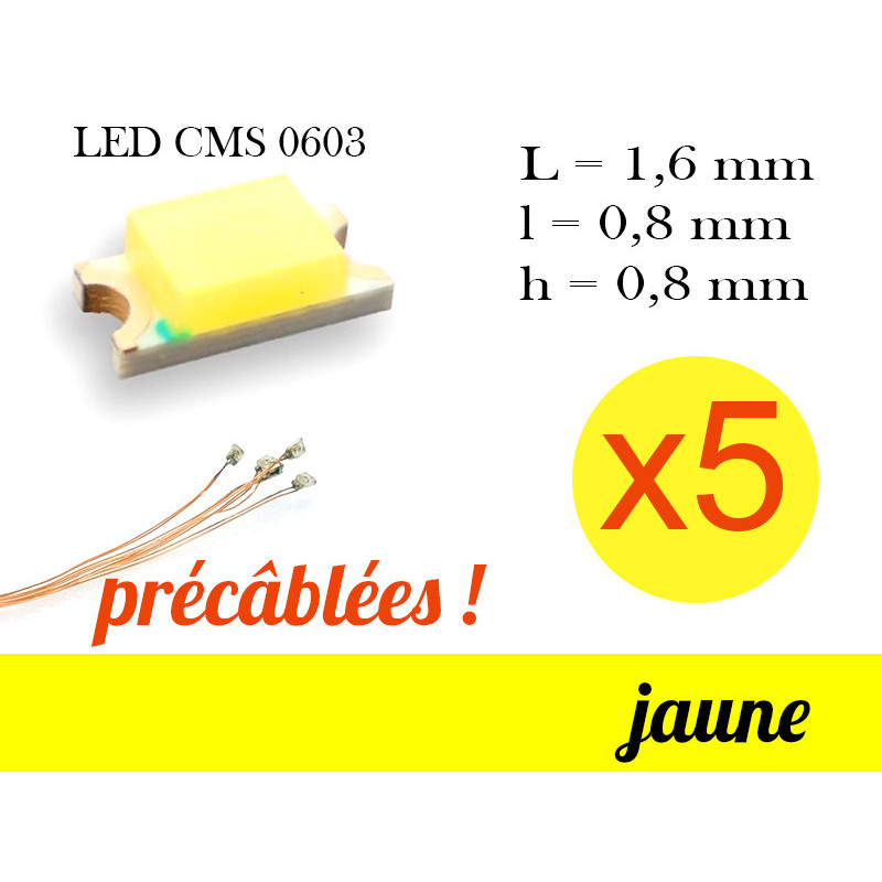 5x LED CMS 0603 précâblées - couleur jaune