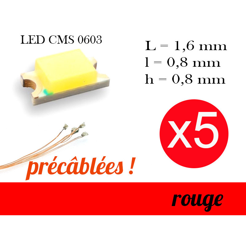 5x LED CMS 0603 précâblées - couleur rouge