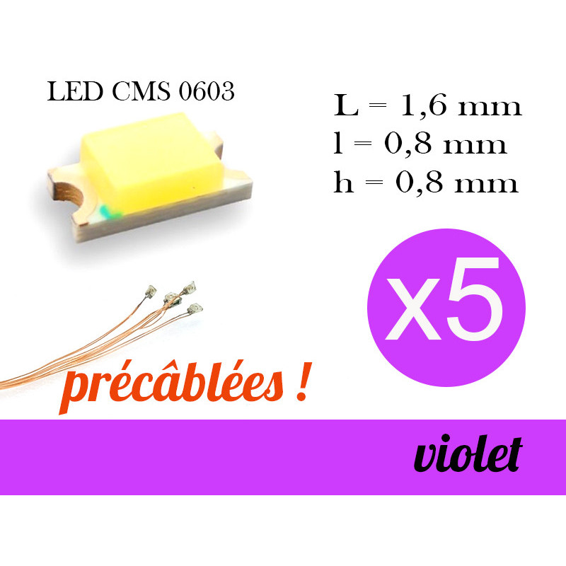 5x LED CMS 0603 précâblées - couleur violet