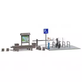 Scène de décor, aire de repos et station de recharge vélos - HO 1/87 - BUSCH 79824
