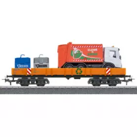 Wagon à bords bas Rlmms, chargé avec camion poubelles Start Up - HO 1/87 - MARKLIN 00740-03