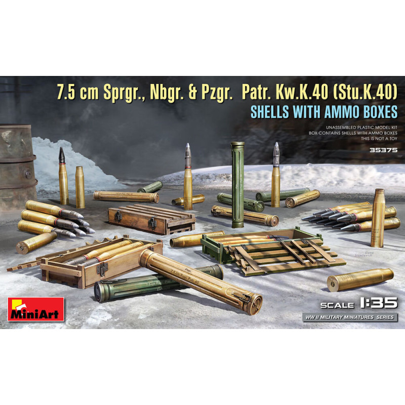 Obus de 7,5 cm Sprgr., Nbgr. et Pzgr. Patr. Kw.K.40 (Stu.K.40) avec boîtes de munitions - 1/35 - MINIART 35375