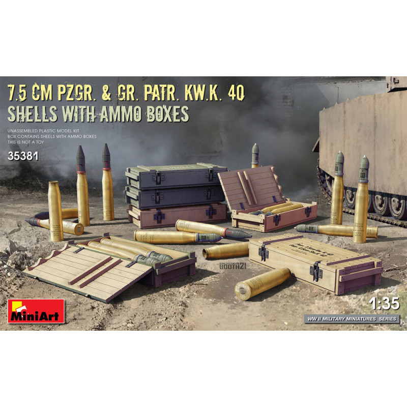 Obus de 7,5 cm Pzgr. et Gr. Patr. Kw.K. 40 avec boîtes de munitions - 1/35 - MINIART 35381