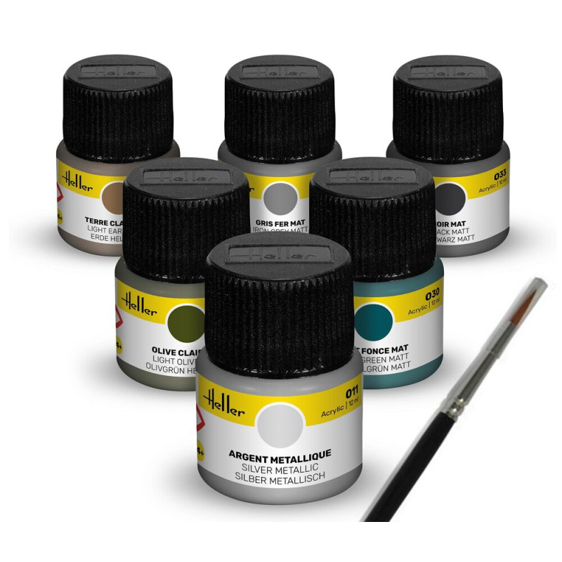 Set de peinture acrylique « Militaire » 6 x 12 ml, pinceau - HELLER 9400