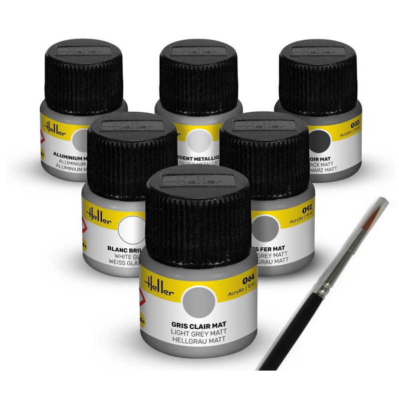 Set de peinture acrylique «&nbsp;Avions civils&nbsp;» 6 x 12 ml, pinceau - HELLER 9401