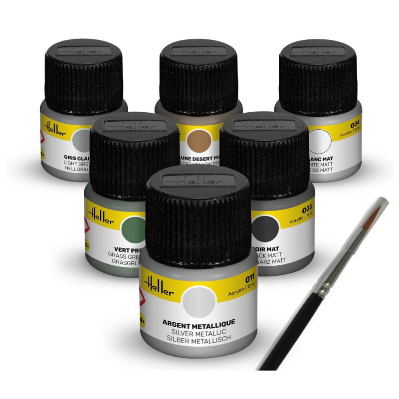 Set de peinture acrylique «&nbsp;Avions militaires&nbsp;» 6 x 12 ml, pinceau - HELLER 9402