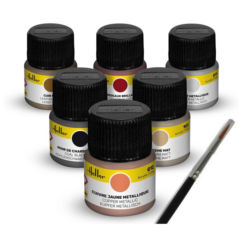 Set de peinture acrylique « Oldtimer » 6 x 12 ml, pinceau - HELLER 9404