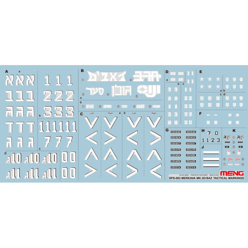 Plance de décalcomanies MERKAVA Mk.3D/BAZ Tactique - 1/35 - MENG SPS-003